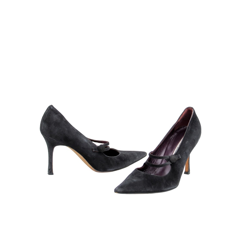 Manolo Blahnik Black Suede Mary Jane Pointed Toe Heels Pumps EU 37 US 7